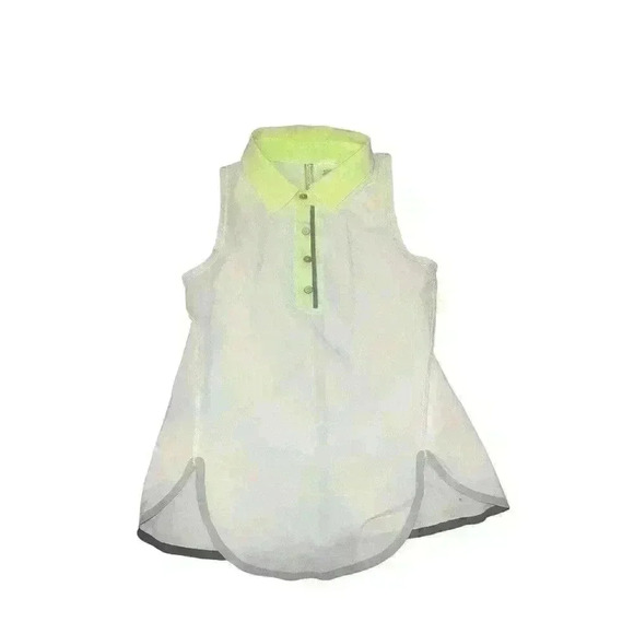 IVIVVA Lululemon GIRLS POLO SHIRT TOP White w/Neon Green Trim SLEEVELESS sz 8 - Picture 1 of 6